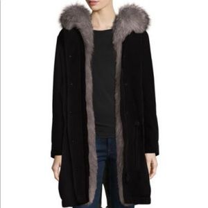 Moncler “Veronika” gabardine coat w/ dyed fox fur